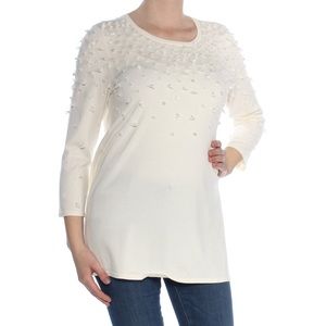 Alfani Sweater Cream Pearl Embellished